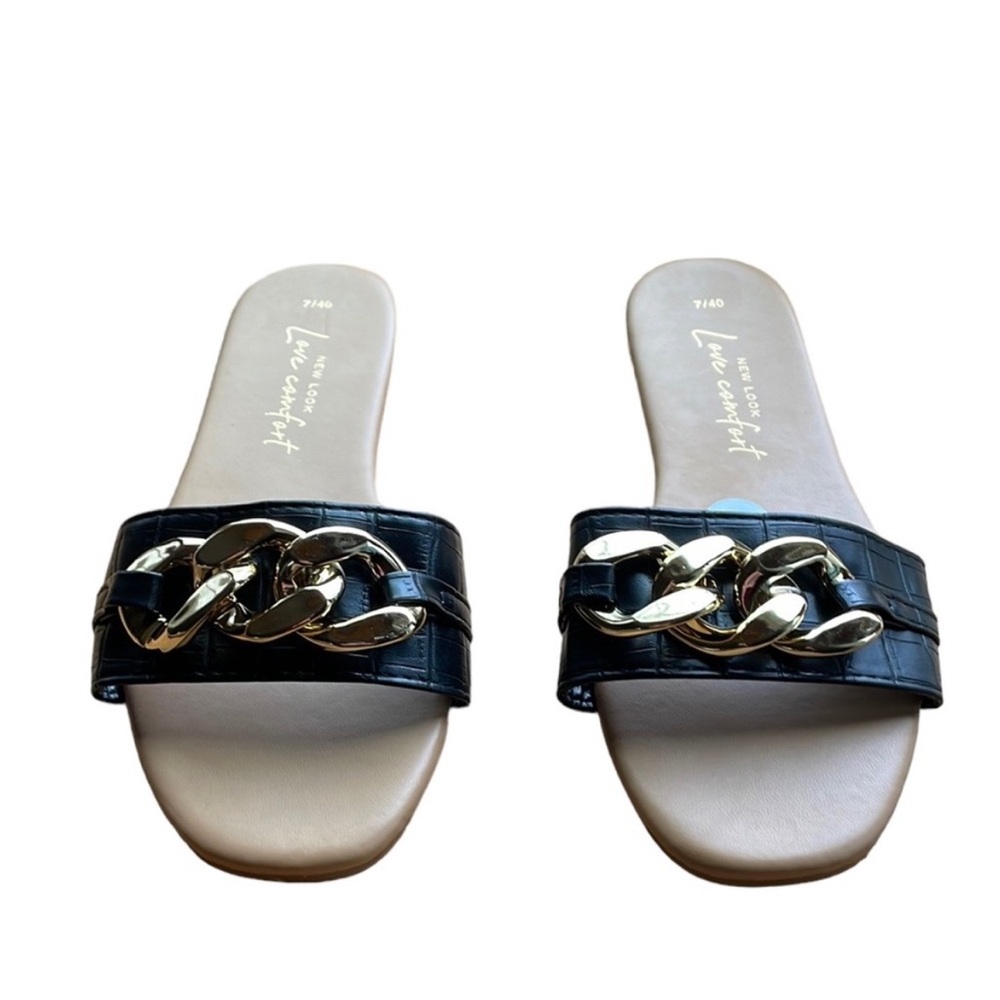 NWT New Look Love Comfort Black and Gold Chain Detail Sandals - Size 9 - Picture 4 of 7